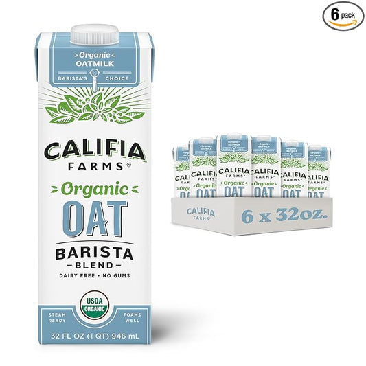 Califia Farms - Organic Oat Barista Blend, 32 oz (Pack of 6), Shelf Stable, Dairy Free, Plant Based, Vegan, Non GMO, Organic Milk, Creamer, Milk Frother, Oatmilk